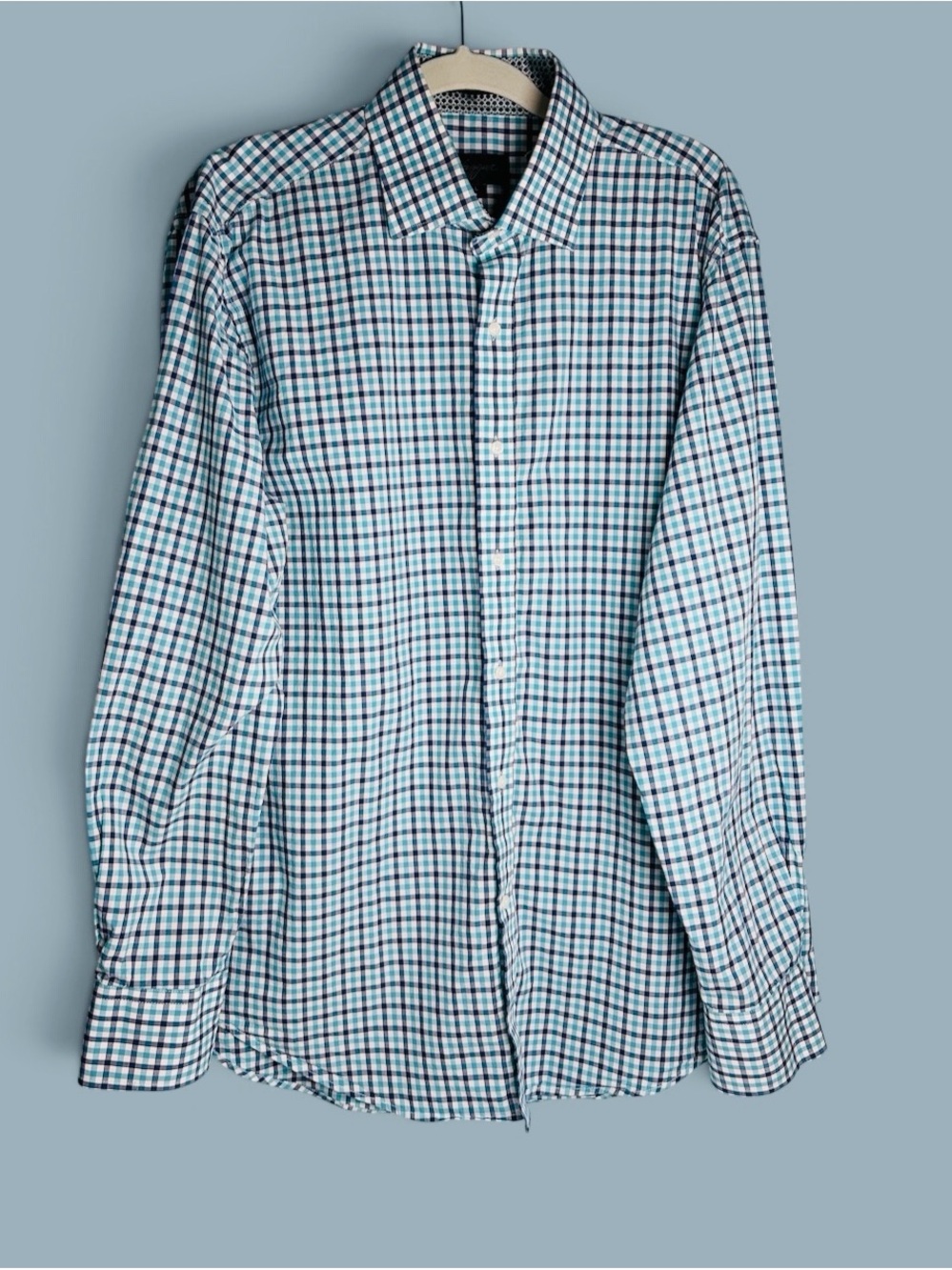 Haggar Clothing Mens Sz Large Blue /White Plaid Button Down Long Sleeve Cotton